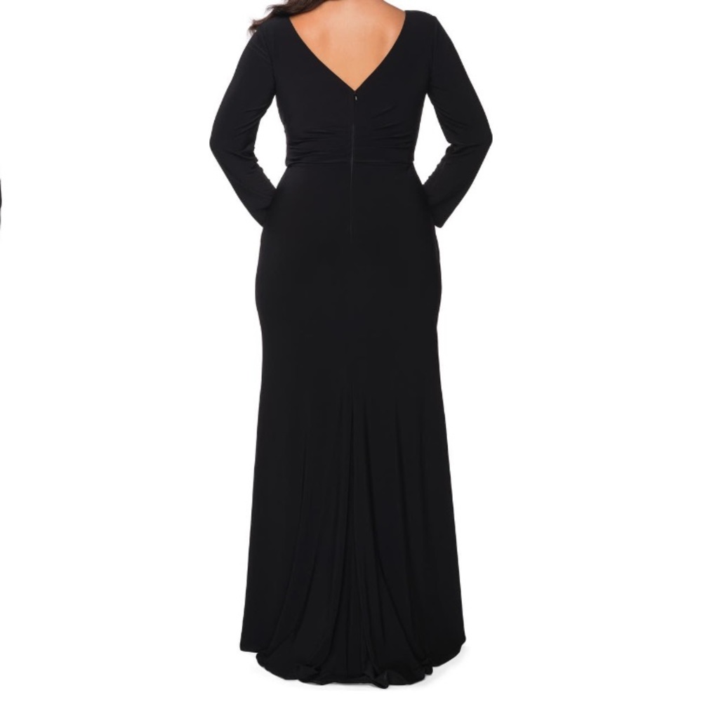 La Femme black gown with long sleeves and leg slit